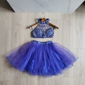 Marsen Two Piece Dress Womens 2 Blue Beaded Halter Top Tutu Skirt